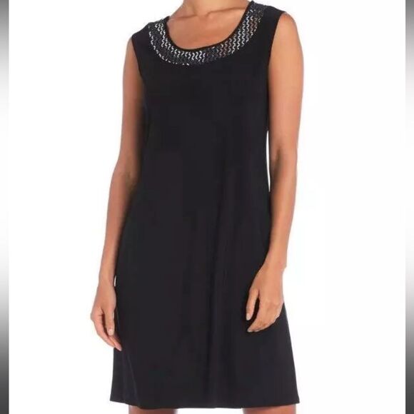 R&M RICHARDS 10 Black/Silver Grey Neckline Trim Elegant Cocktail Dress - Picture 1 of 7